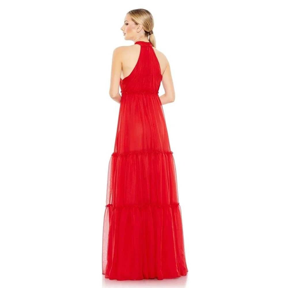 IEENA Mac Duggal Gown Womens 12 Red Tiered Chiffon Halter Bow Formal Maxi Dress